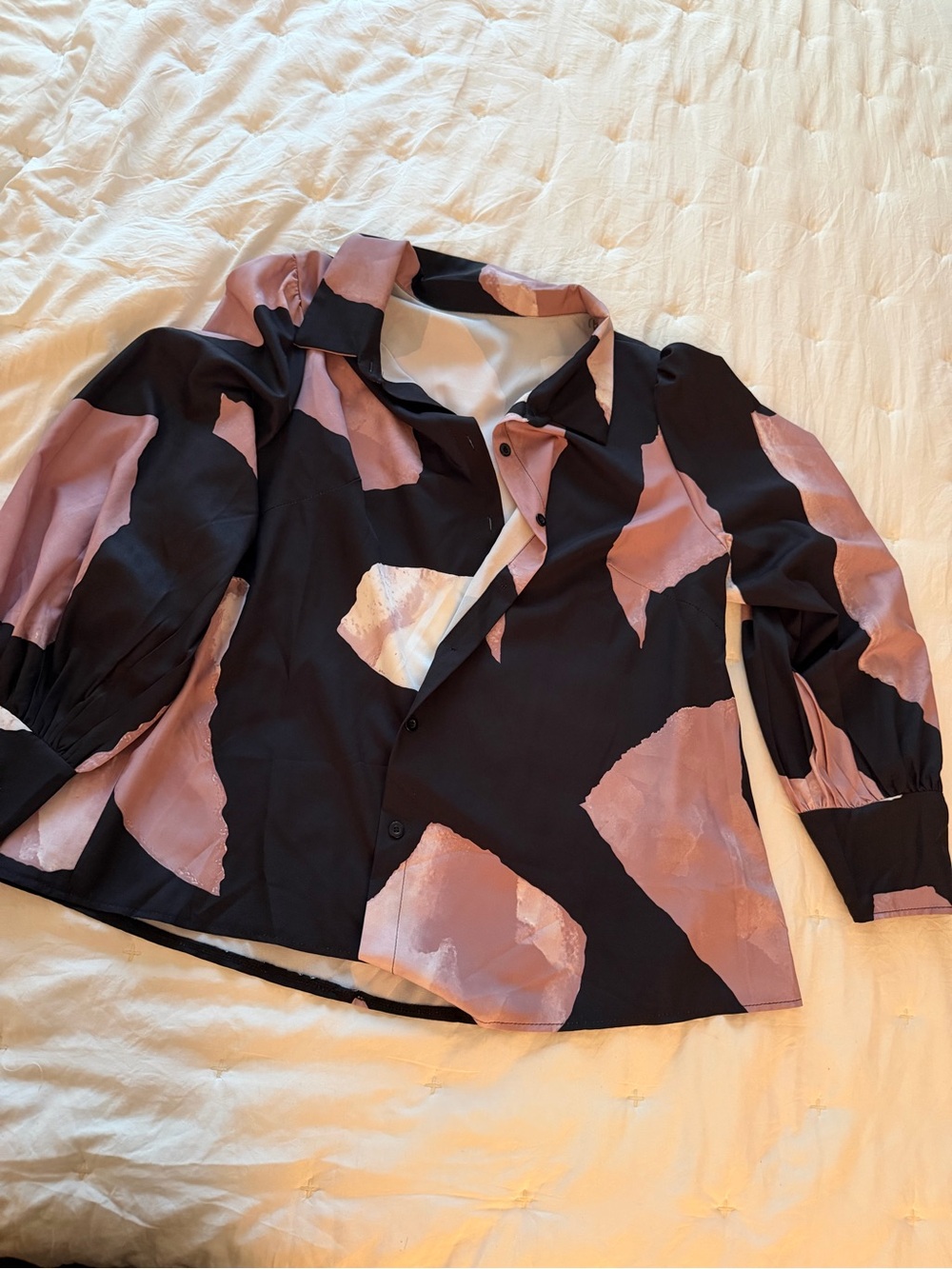 SHEIN Black Button-Down Blouse with Dusty Rose Abstract Patches